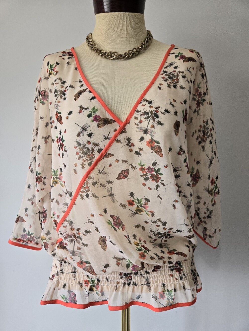 Ted Baker Cream Floral & Bug Wrap Blouse with Coral Trim. Size 2